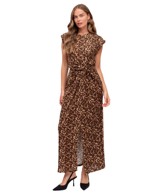 Ebby &amp; I Balmain Leopard Sleeveless Maxi Dress with Twist waist and front offset split.