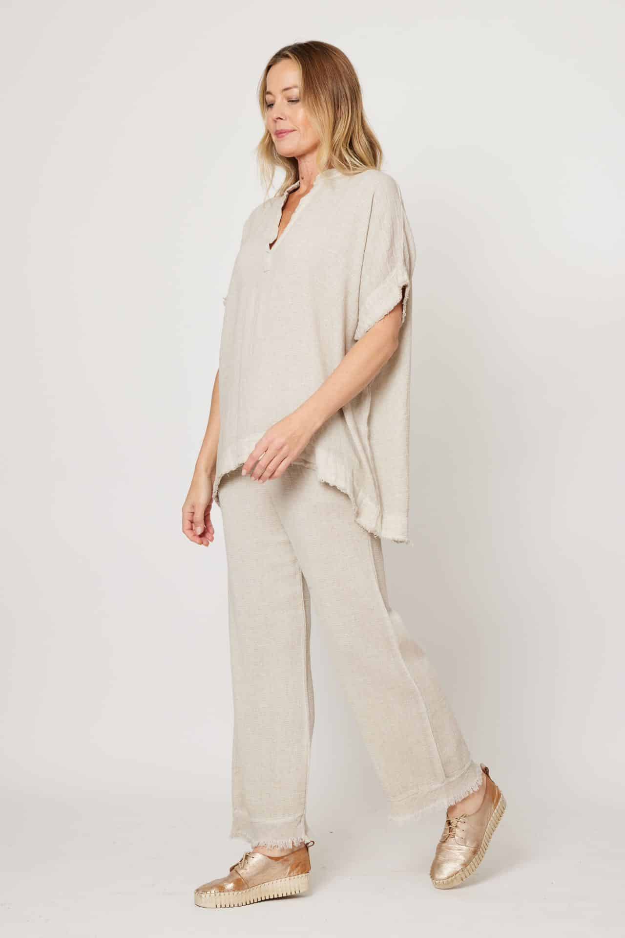 Linen Raw Fringe V-Neck Top