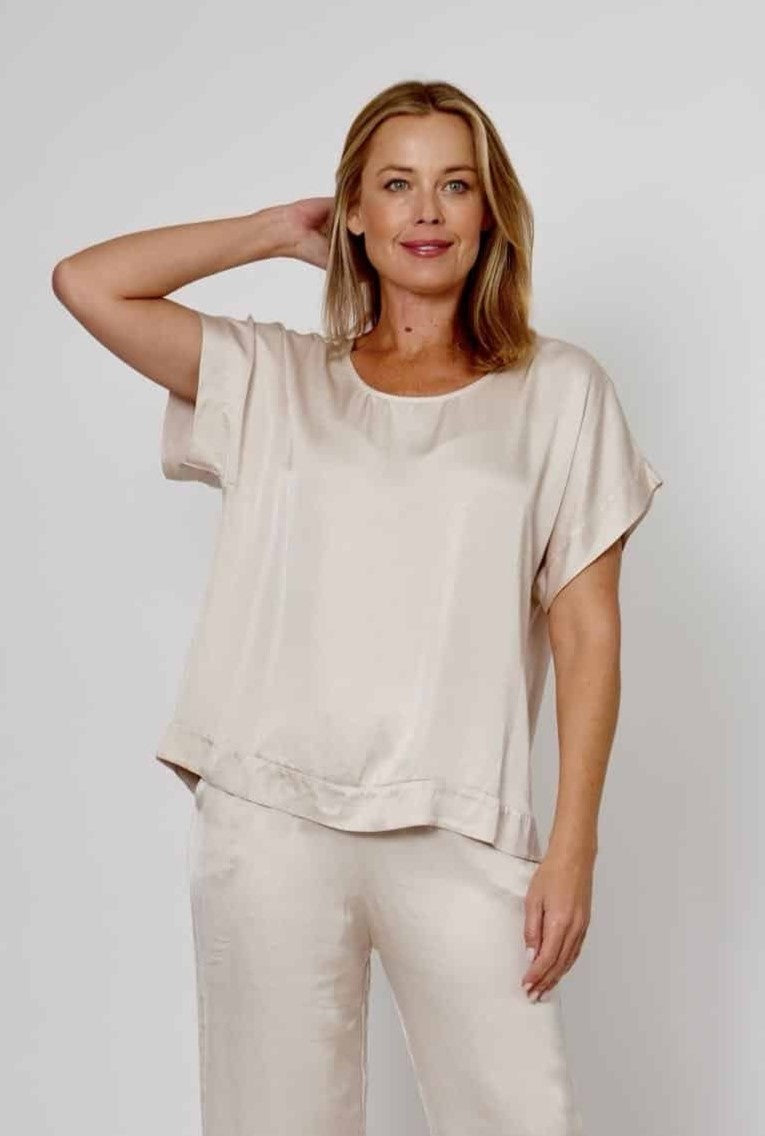 beige satiny round neck top by la strada