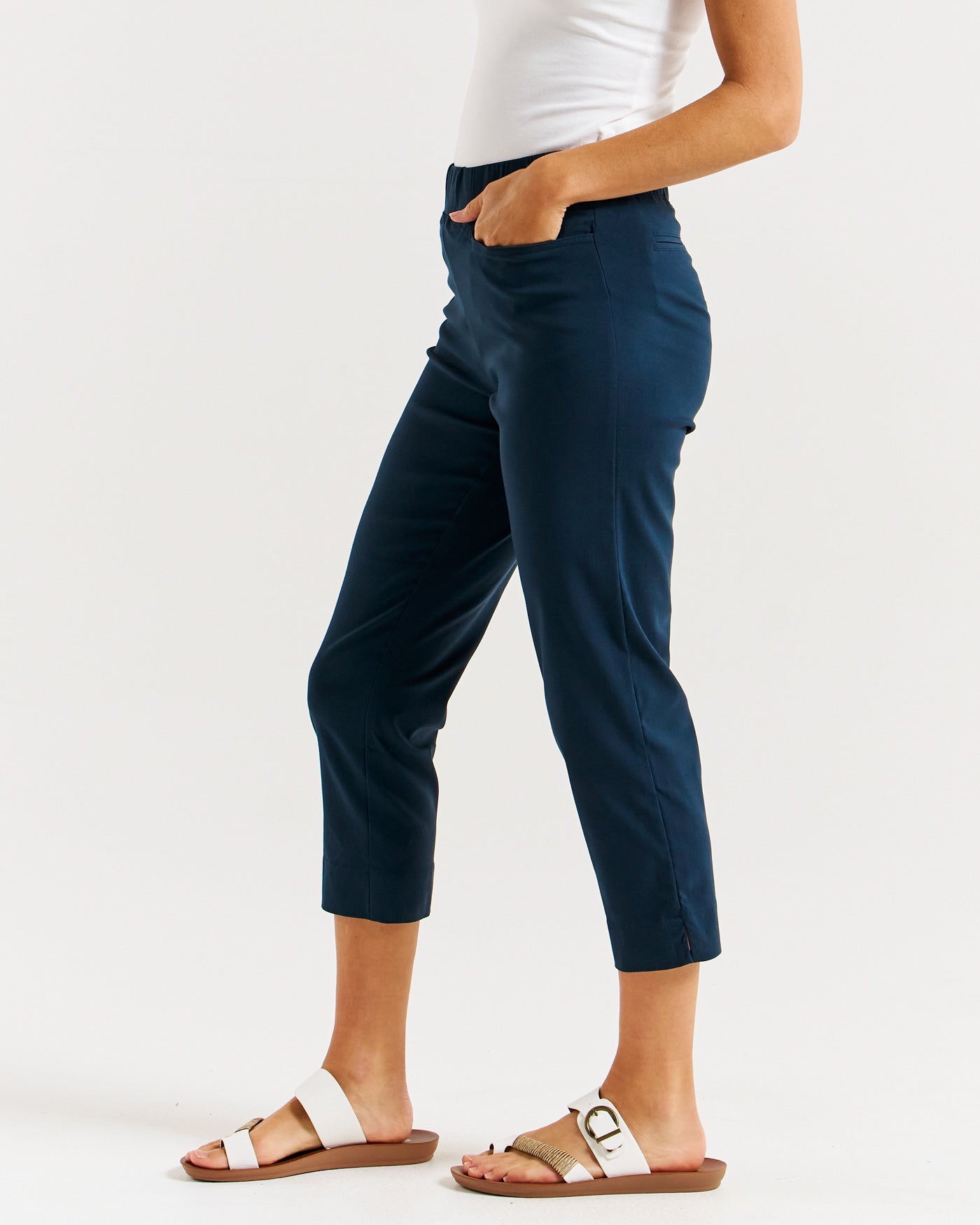 Women's navy blue stretch crop trousers from Betty Basics.