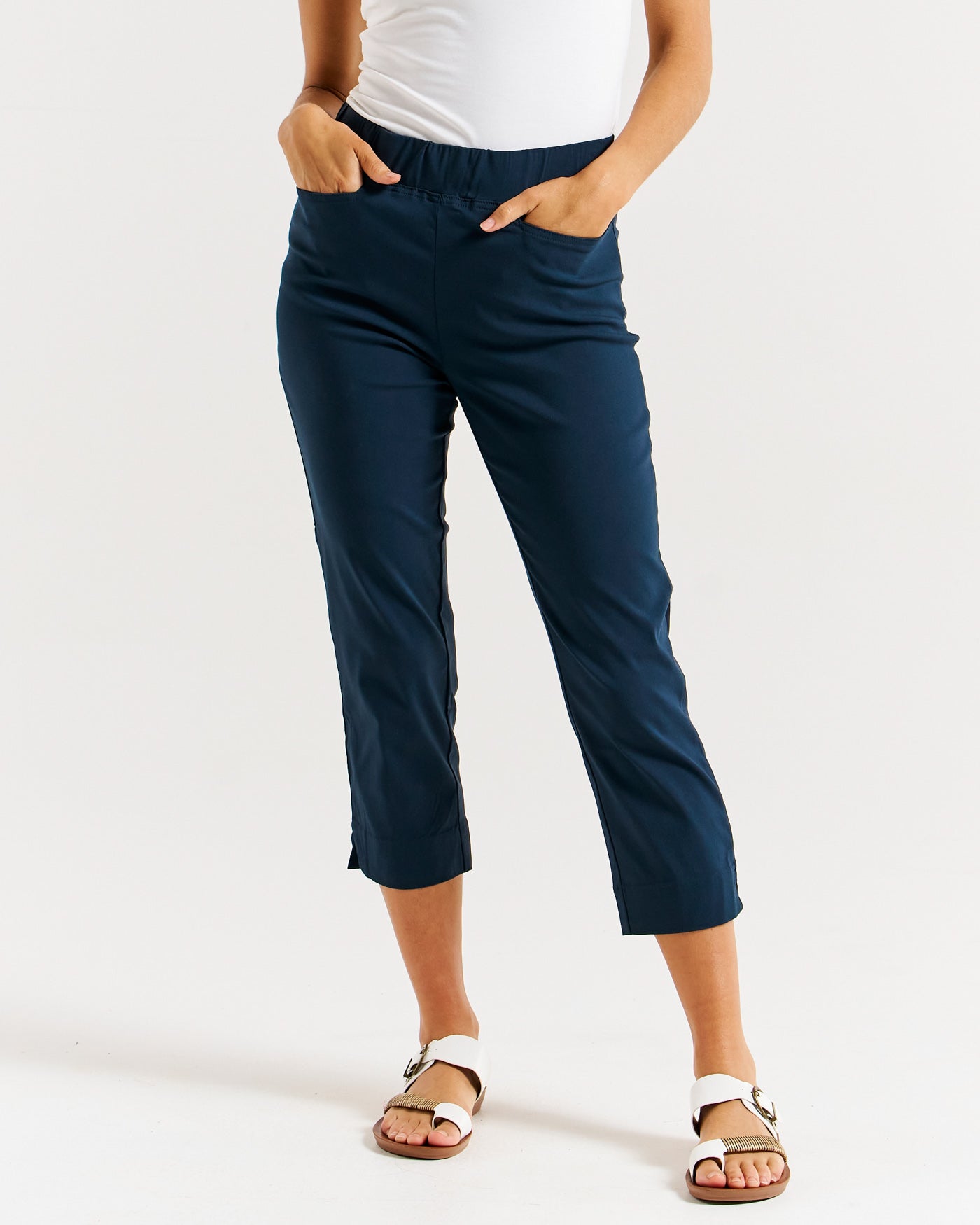 Ladies bengaline fabric crop trousers in navy blue by betty basics.