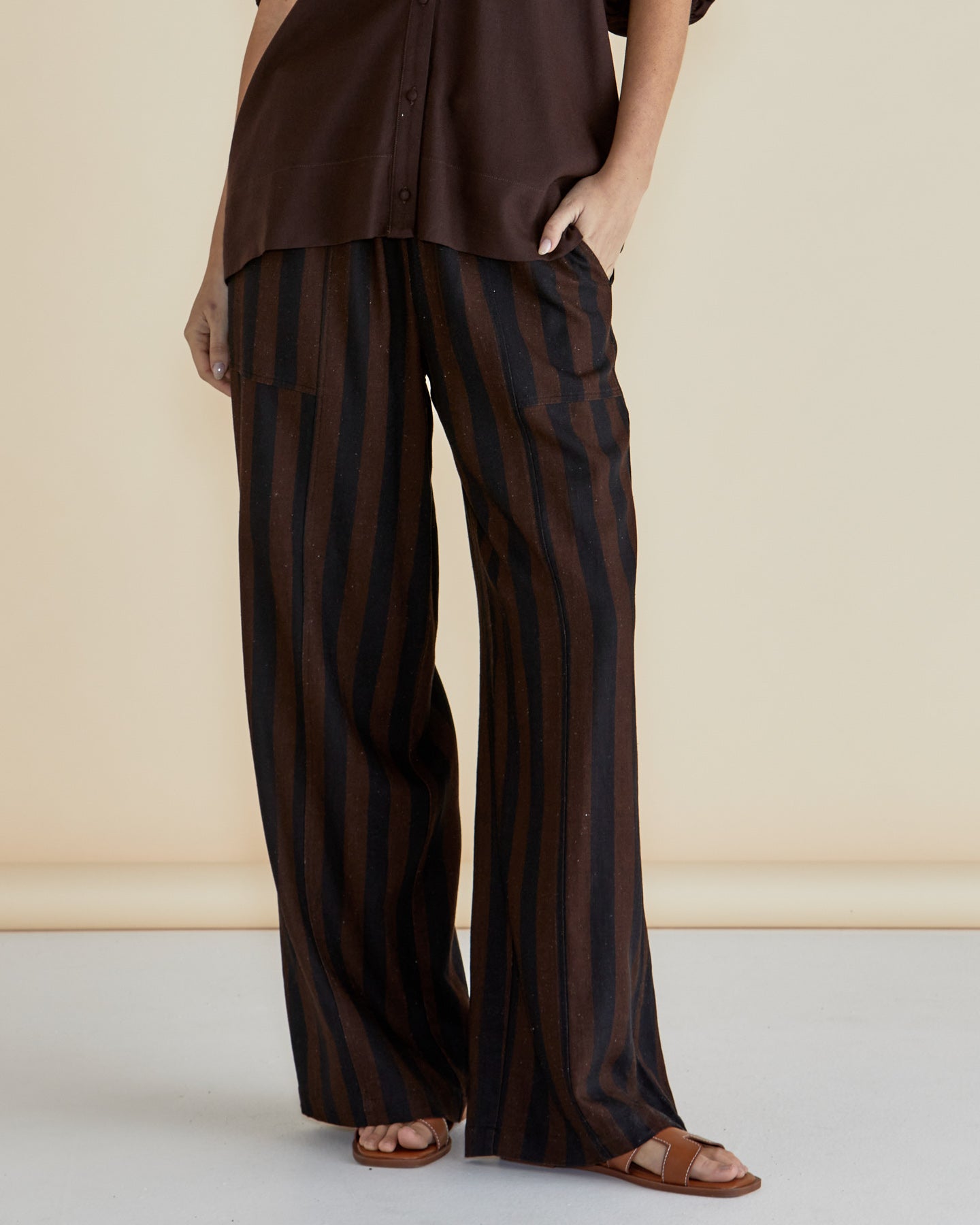 Ladies Tamara Linen Blend Pants in Chocolate Stripe a Brown and Black stripe by Betty Basics.