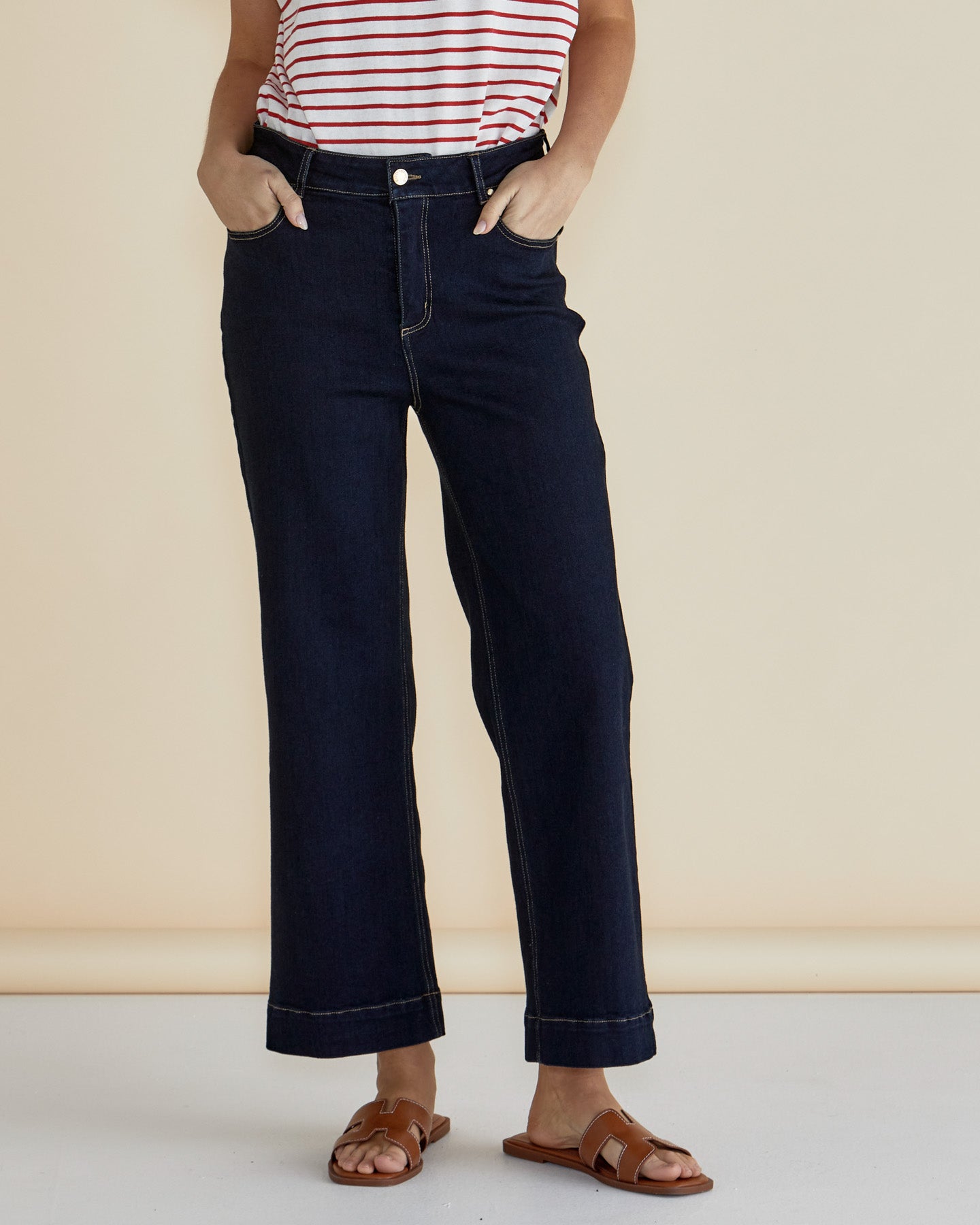 Dark Blue Wide Leg Willow Jeans with classic pockets and zip and button closure for Women by Betty Basics.