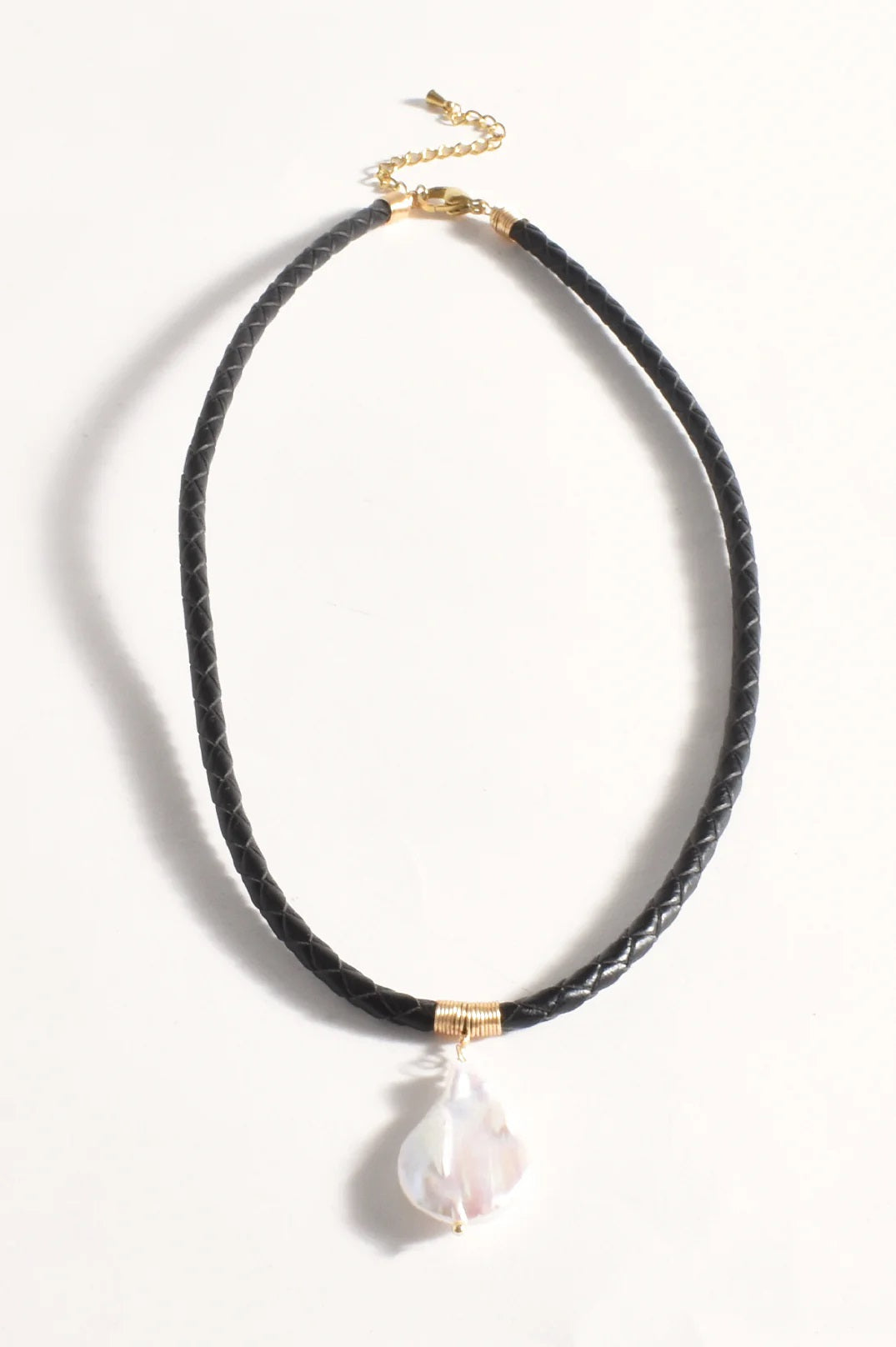 Ladies Short Plaited Leather Necklace with pearl Drop Pendant in Black by Adorne.