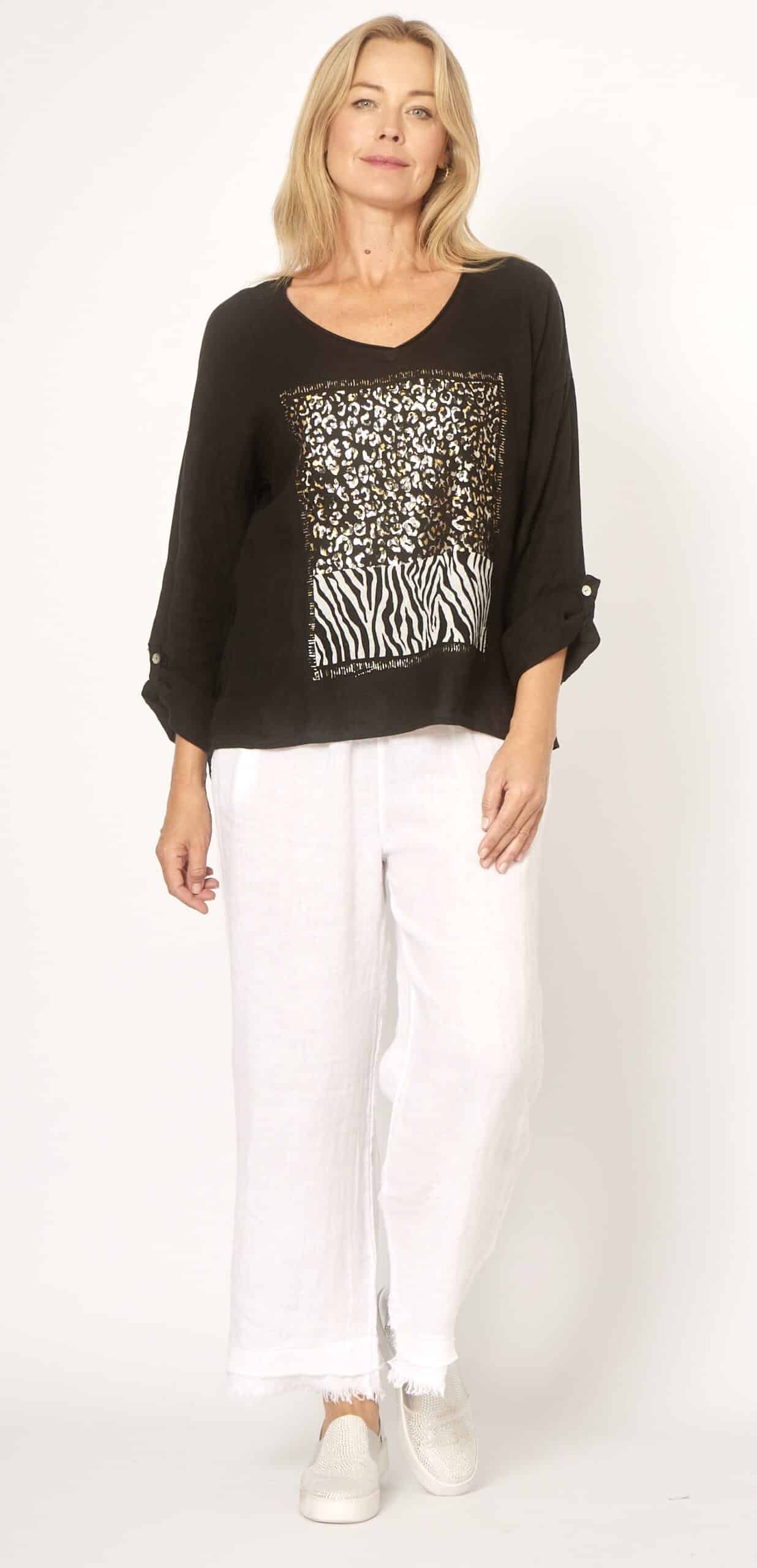 Linen Animal Print V-Neck Top