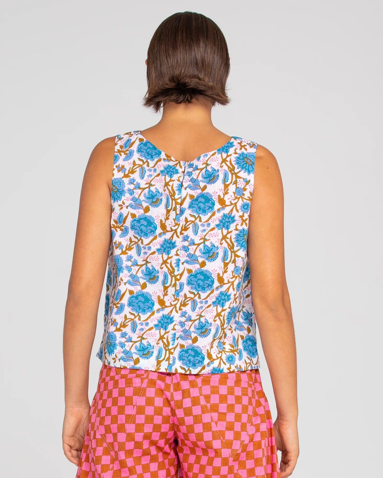 Back View of the blue and white flower print hara top by Boom Shankar.