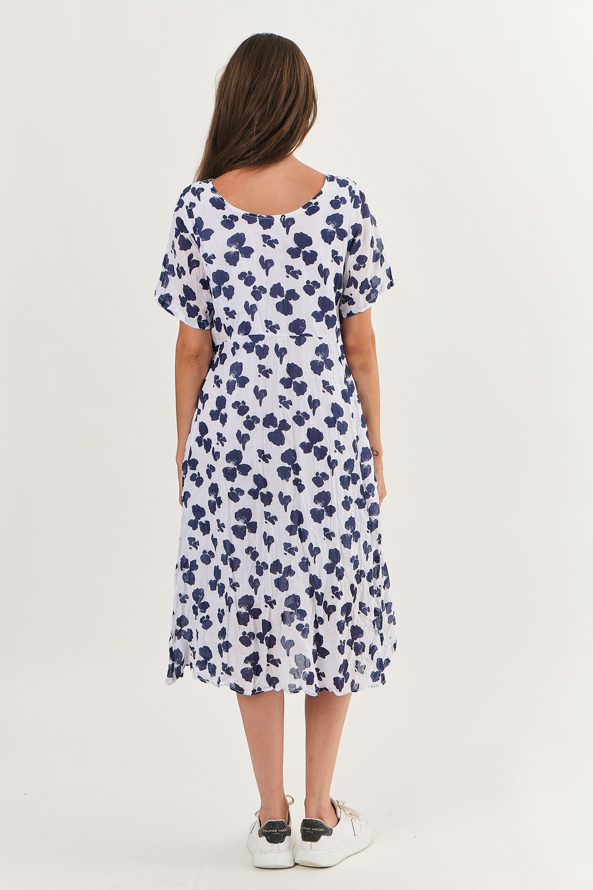 Back of Bluebell pansy midi dress in crinkle cotton blue and white by Namastai.