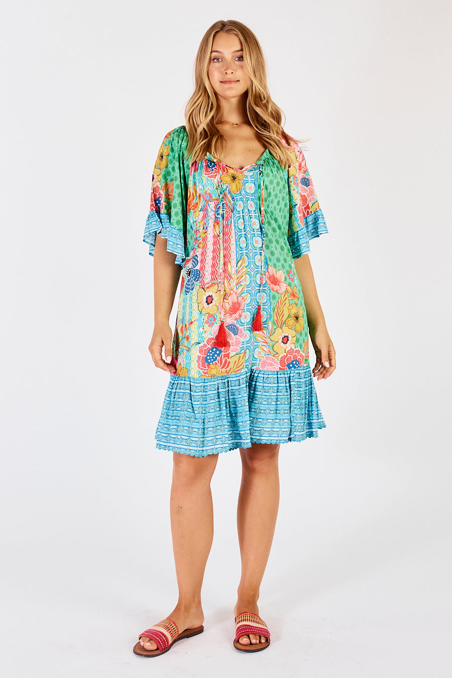 LulaLife Miranda Shirred Midi Dress in Sea, a multi coloured floral and geometric print dress.