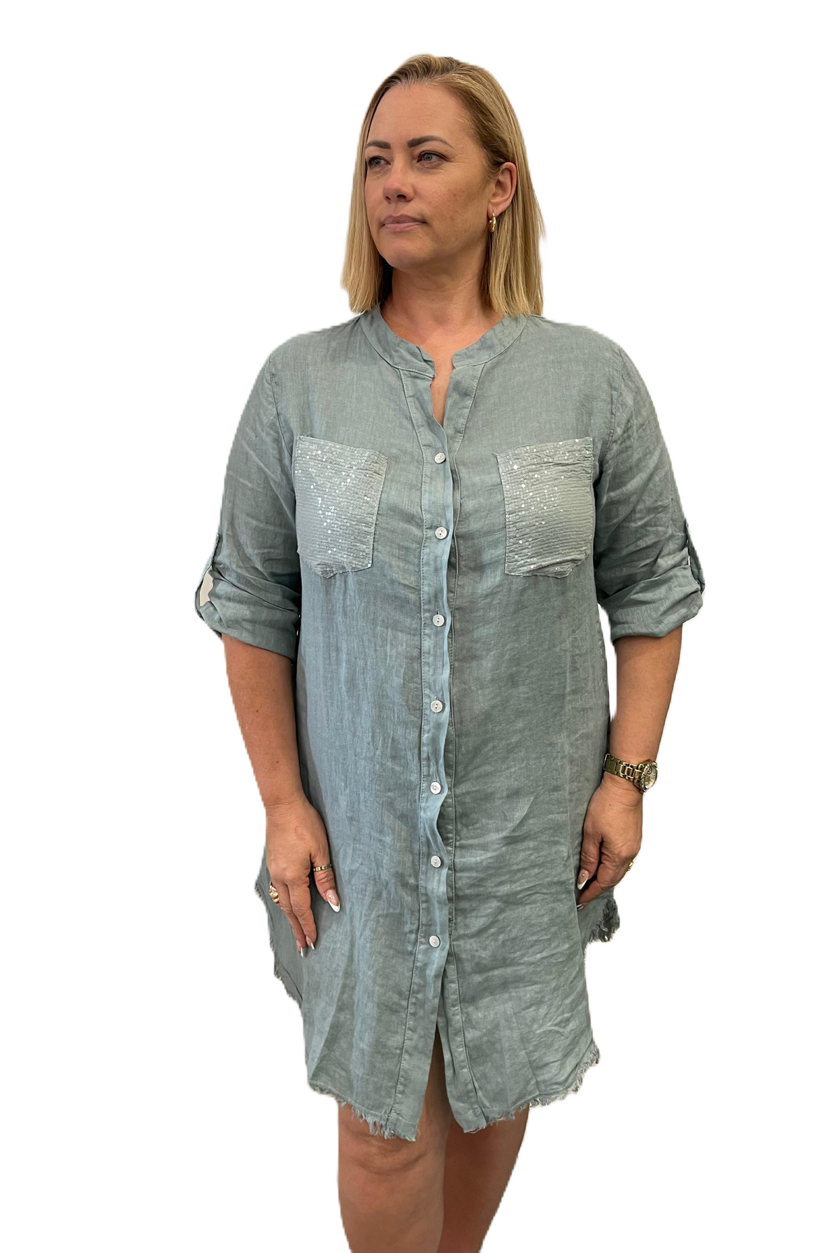 Blue Kelly Linen Shirt Dress with Sequins on pockets and back by The Italian Cartel.