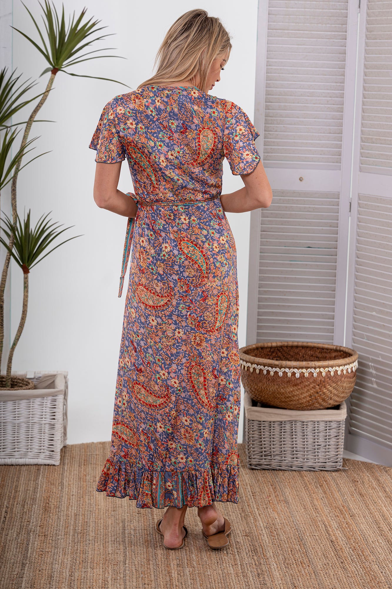 Cienna Moni Short Sleeve maxi Wrap Dress in red, blue and gold.