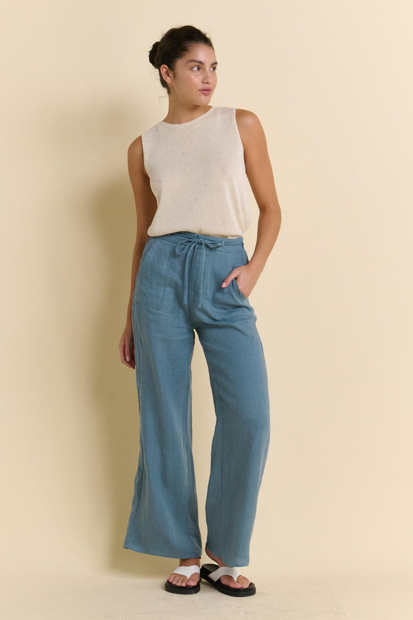 Little Lies Remy Linen Pants in Teal Blue.