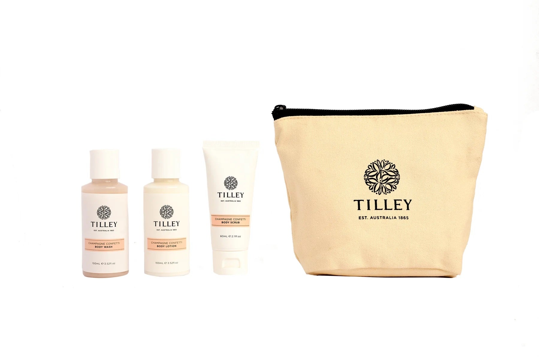 Body wash, scrub and lotion in champagne confetti gift travel bag set by Tilley.