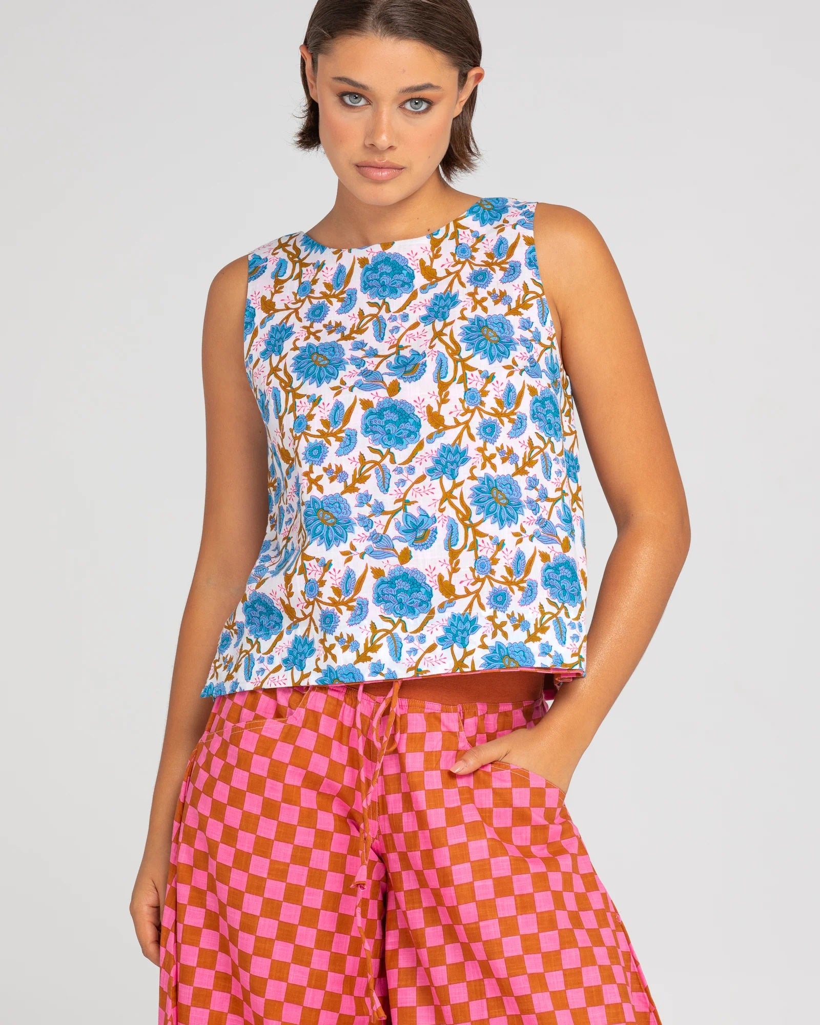 Boom Shankar Reversible Sleeveless Hara Top in Mimi / Maui prints.