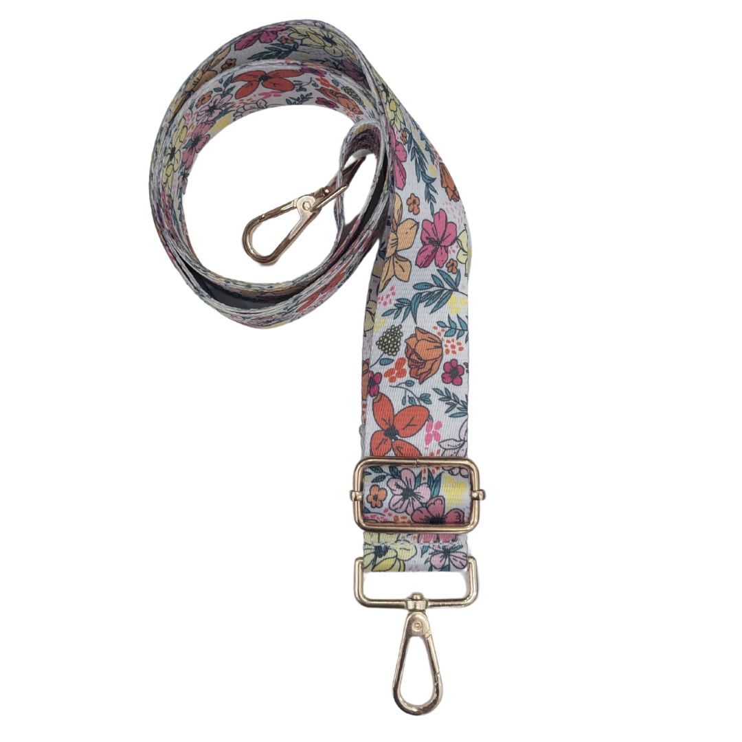 Adjustable Floral Bag Strap with Clips and slider, its white with pink,yellow, red, orange.