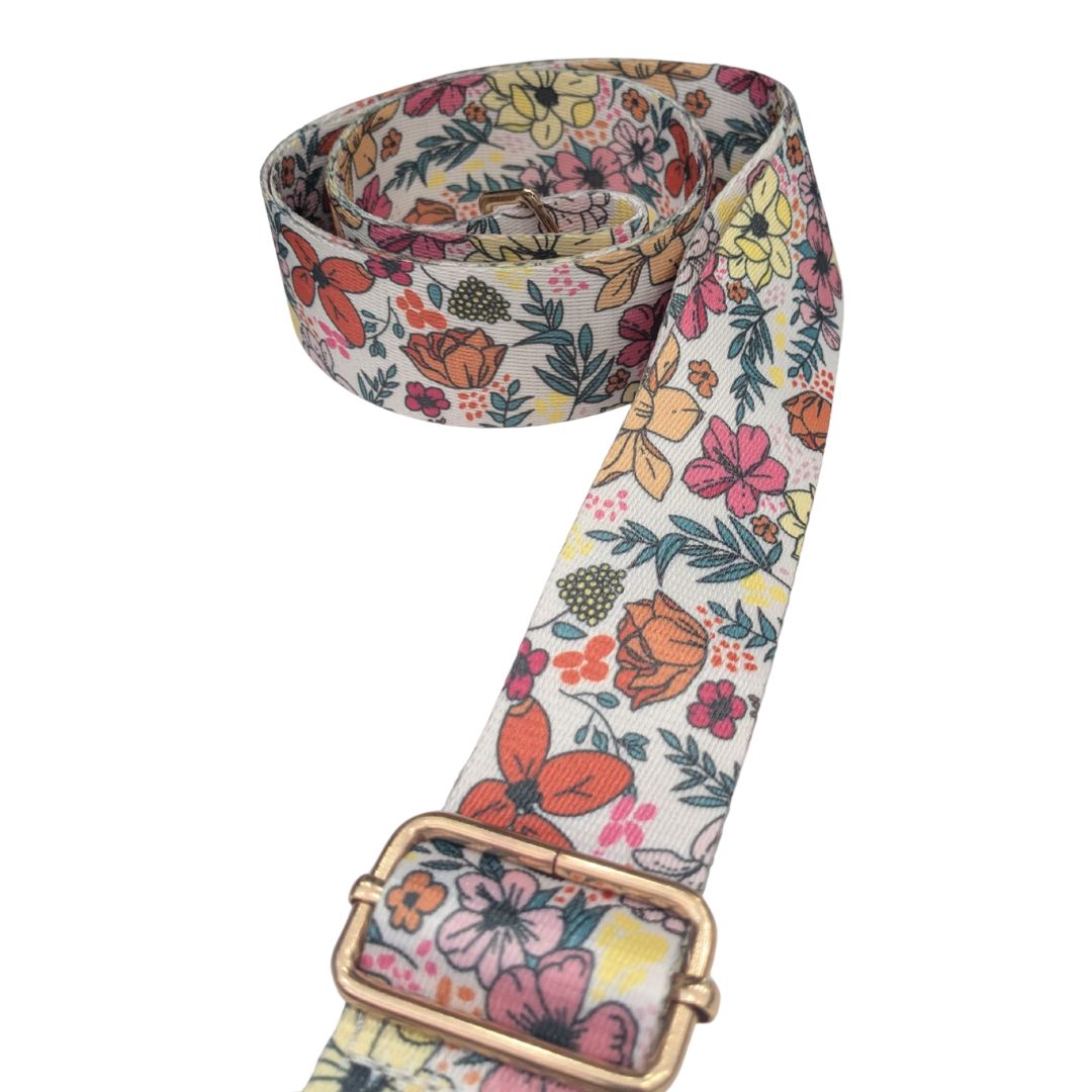 Adjustable Floral Bag Strap with Clips and slider, its white with pink,yellow, red, orange.