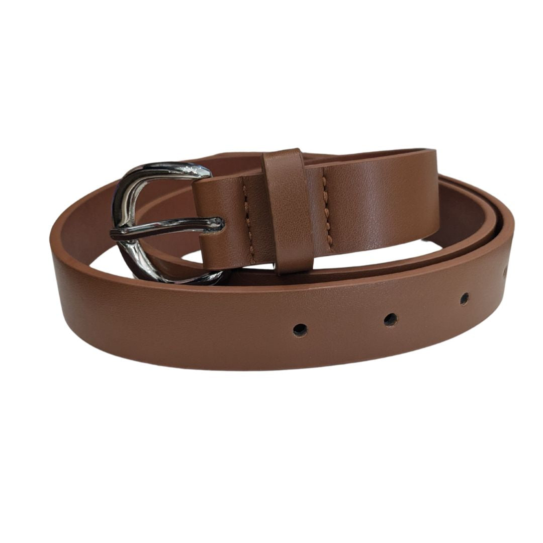 ladies classic brown / tan belt with silver buckle.