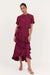 Adorne midi Peta Ruffle Cupro skirt in burgundy with layers of frills and a high low hem. 