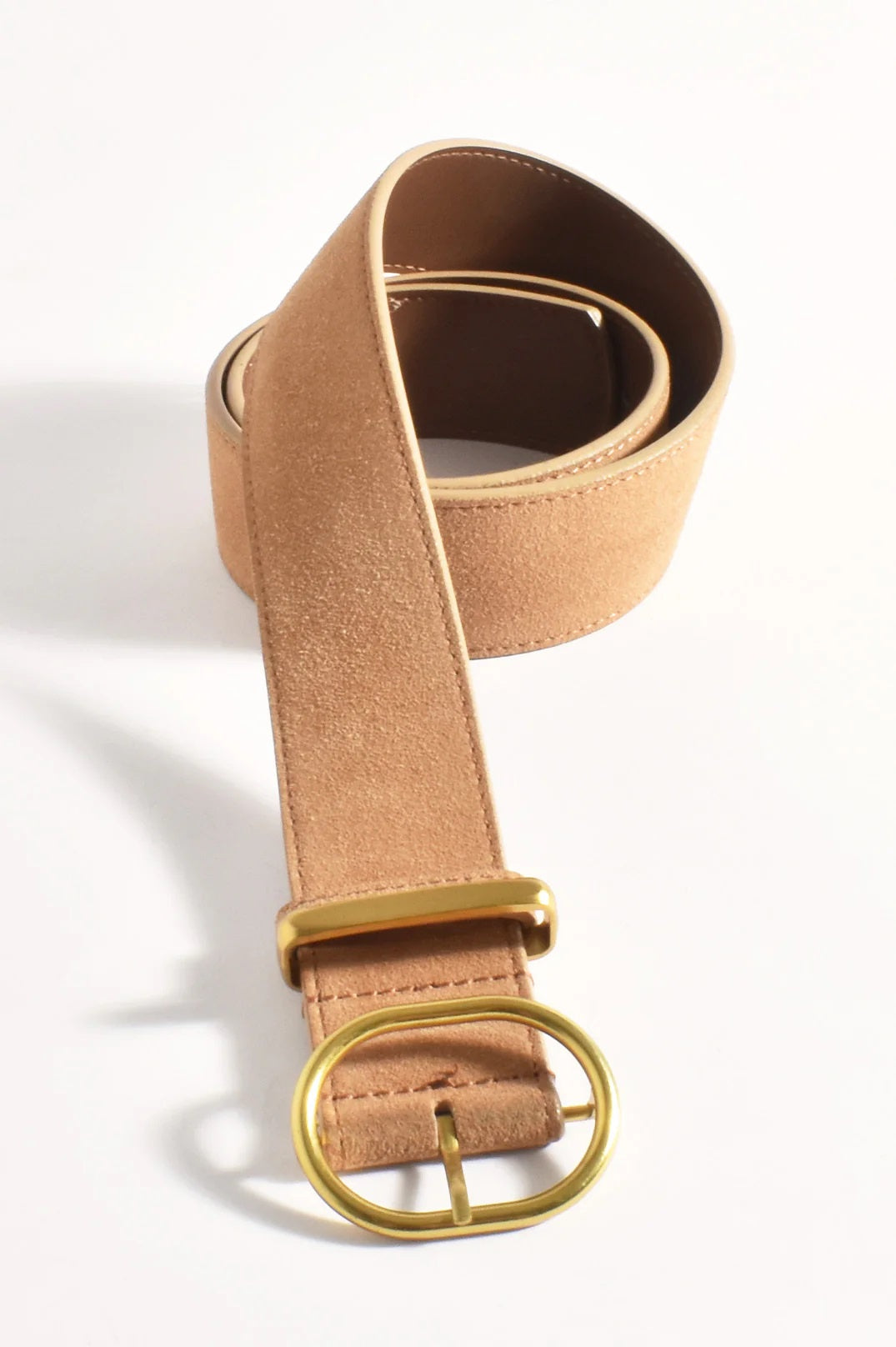 Camel Suede belt with gold coloured oval buckle by Adorne.