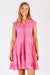 ladies pink tiered midi dress with v-neck and ruffles along placket and very short capped sleeves.