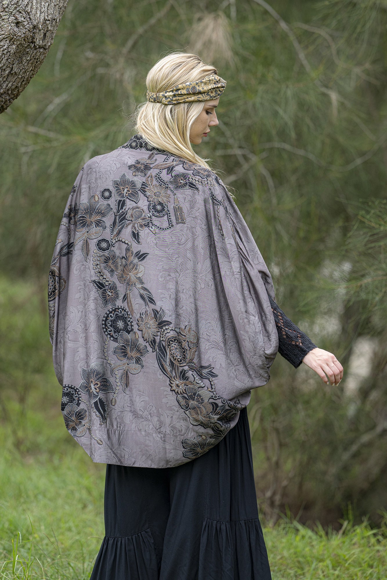 Cienna Charmaine Silver Grey Cape Back View with Florals