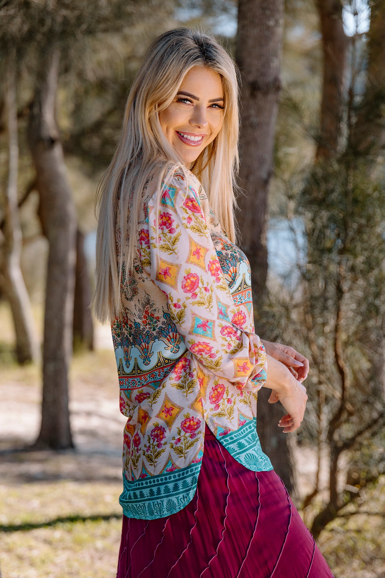 Cienna's Lenah floral silk blend shirt in pink, blue , cream and orange. 