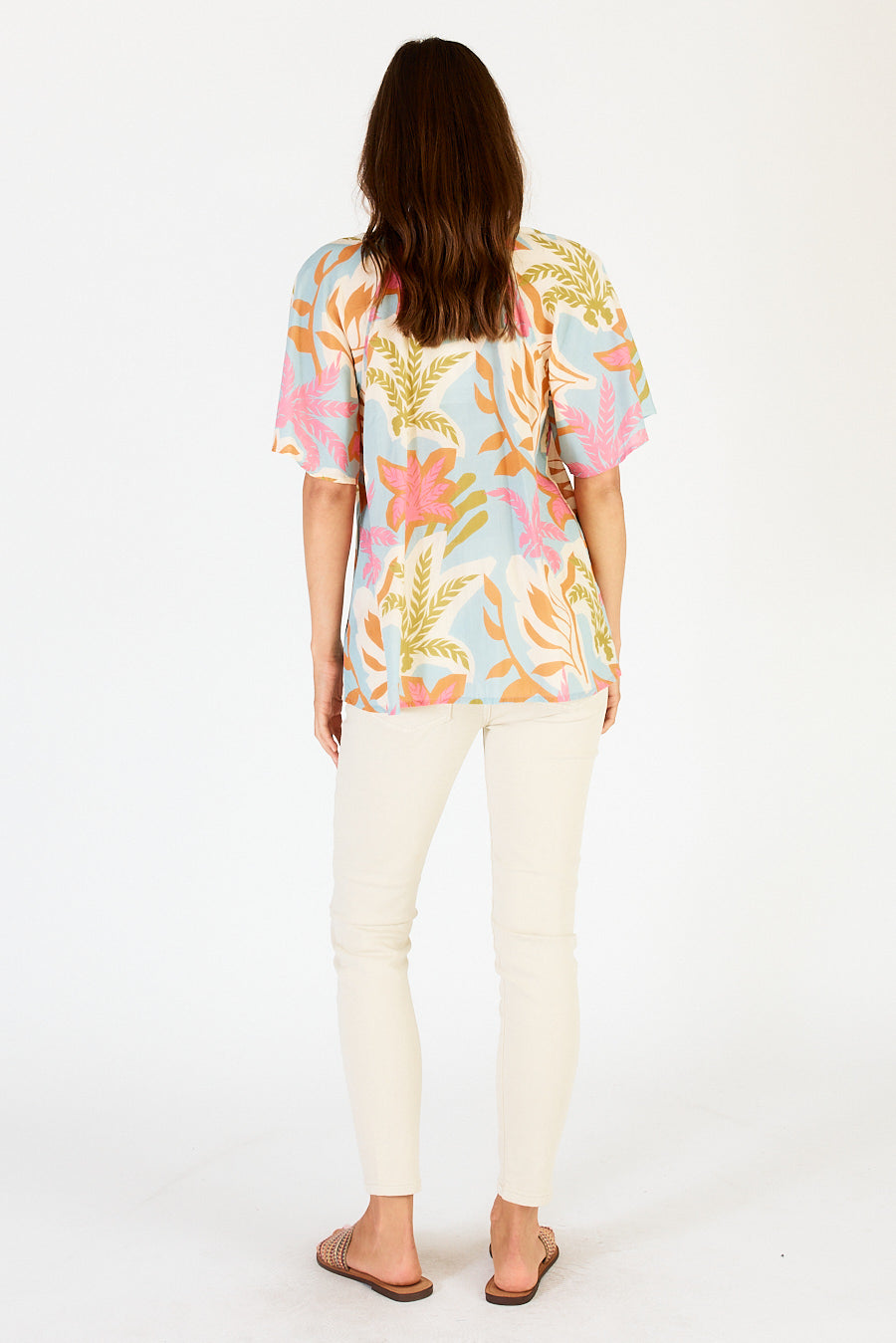 Blue, Pink, Green, Orange and white floral leafy print Portabella top in Cloud by LulaSoul.  