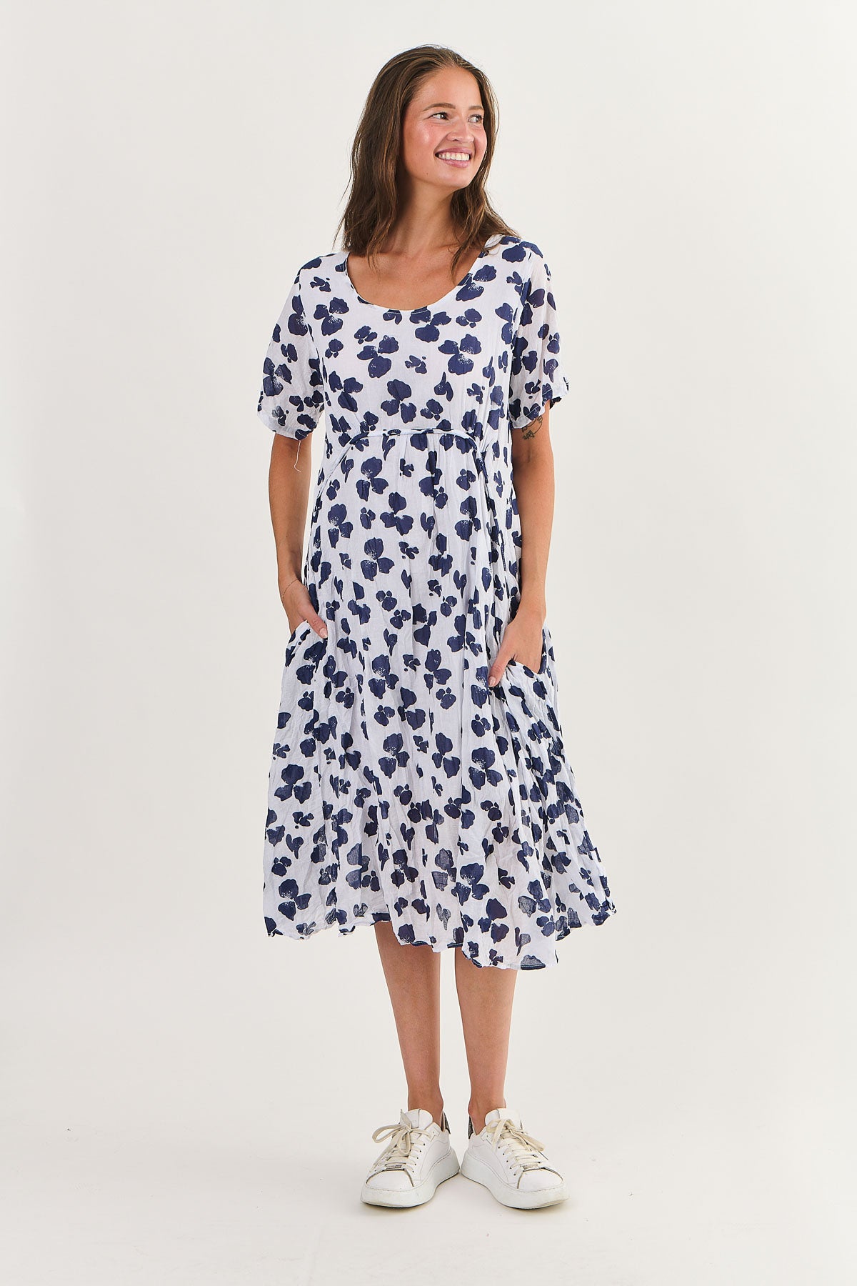 Bluebell print pocket midi dress in crinkle cotton by Namastai.