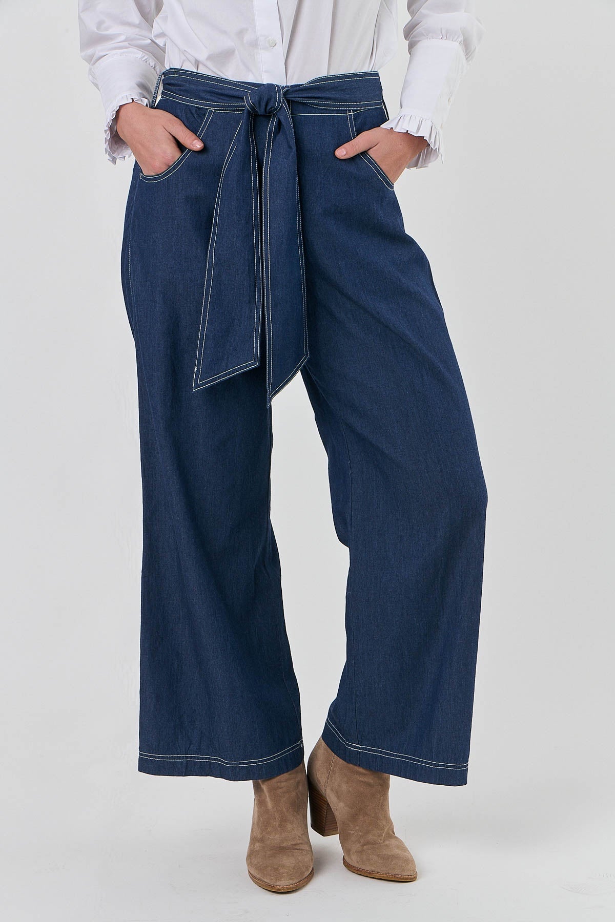 Full Length Dark Denim Blue Lightweight Cotton Pants in relaxed wide leg fit with a pull on style with tie waist by Naturals by O&amp;.