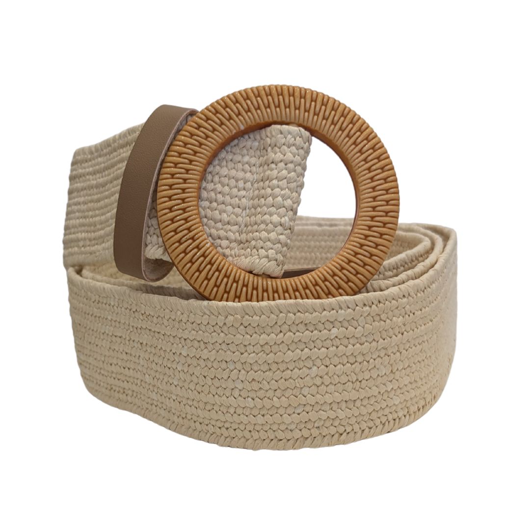 Cream Woven Belt with decorative buckle and belt loop - Sunburst Belt.