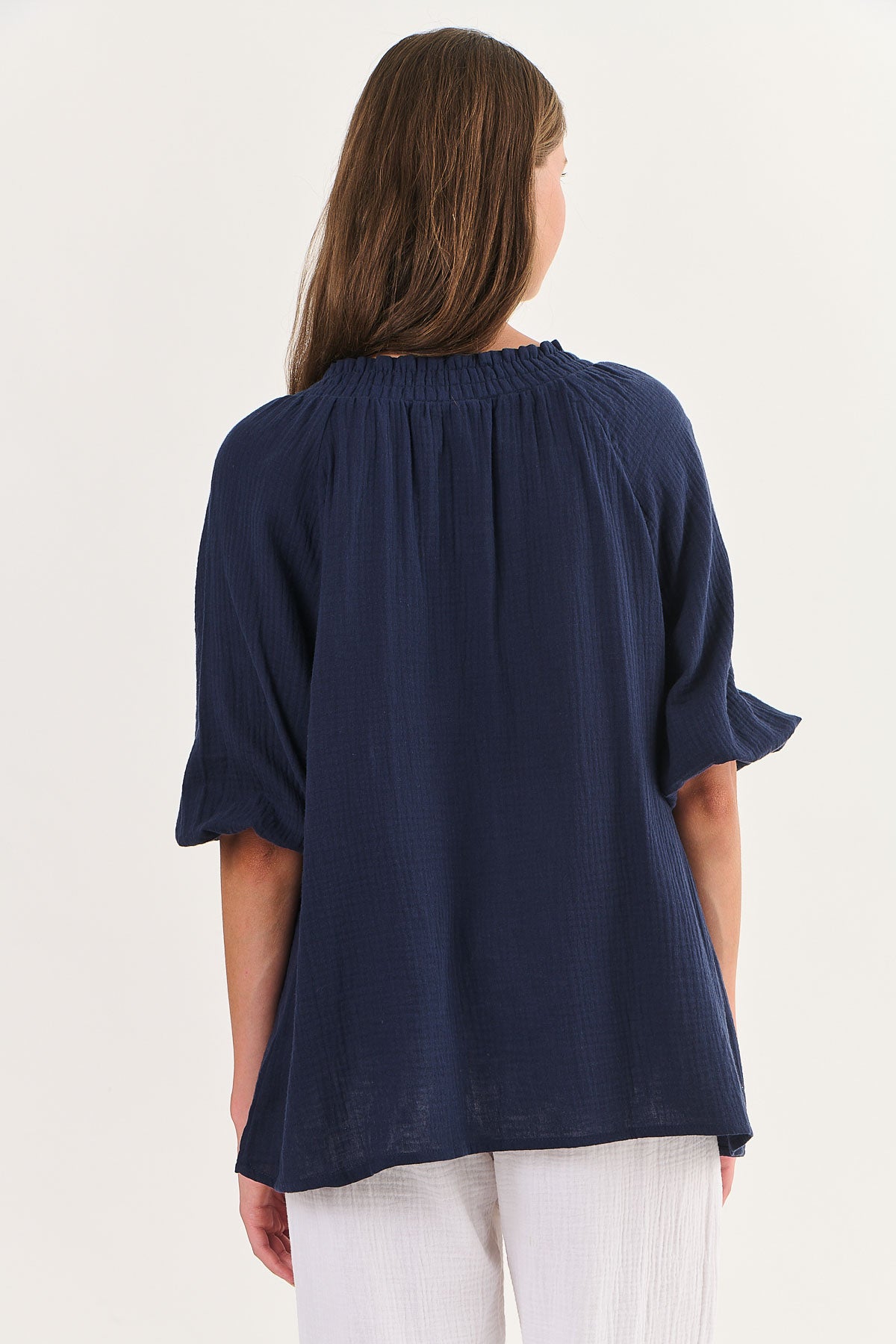 Back of Short Sleeve Crinkle Cotton Navy Blue V-Neck Blouse by Namastai.