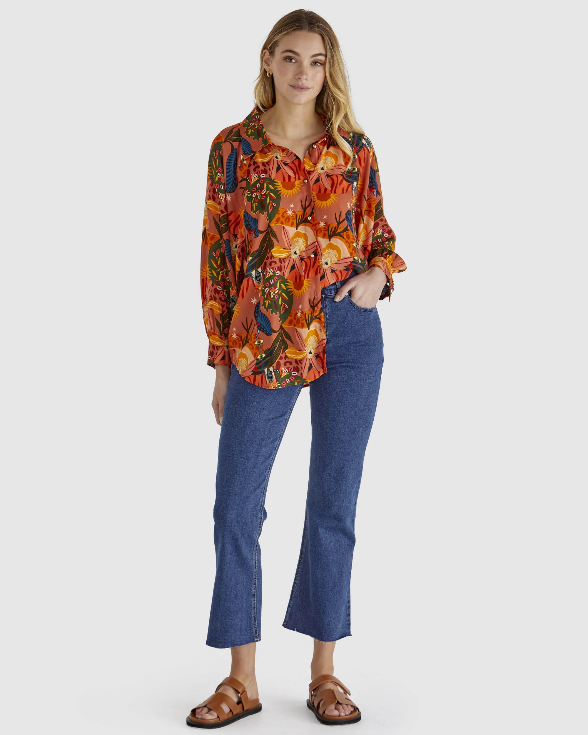 Zelda Long Sleeve floral Shirt in Desert Print, autumn colours by Sass.