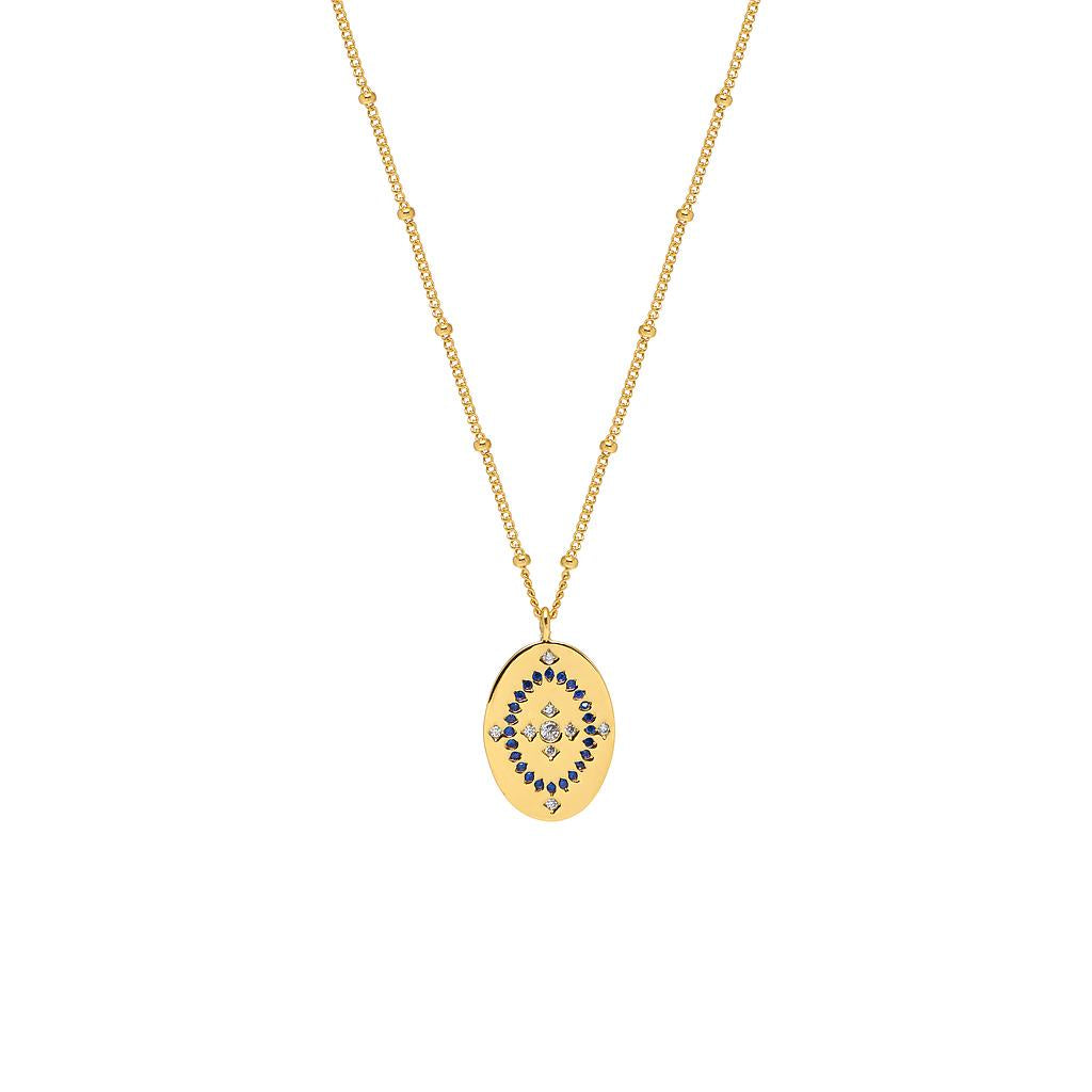 Estella Bartlett Oval Necklace with beaded chain, cubic zirconia and blue stones in Gold Plating.