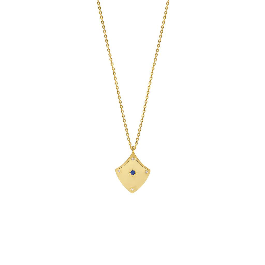 Estella Bartlett Shield Necklace, pendant with Cubic Zirconia and Blue Stones and Gold Plating.