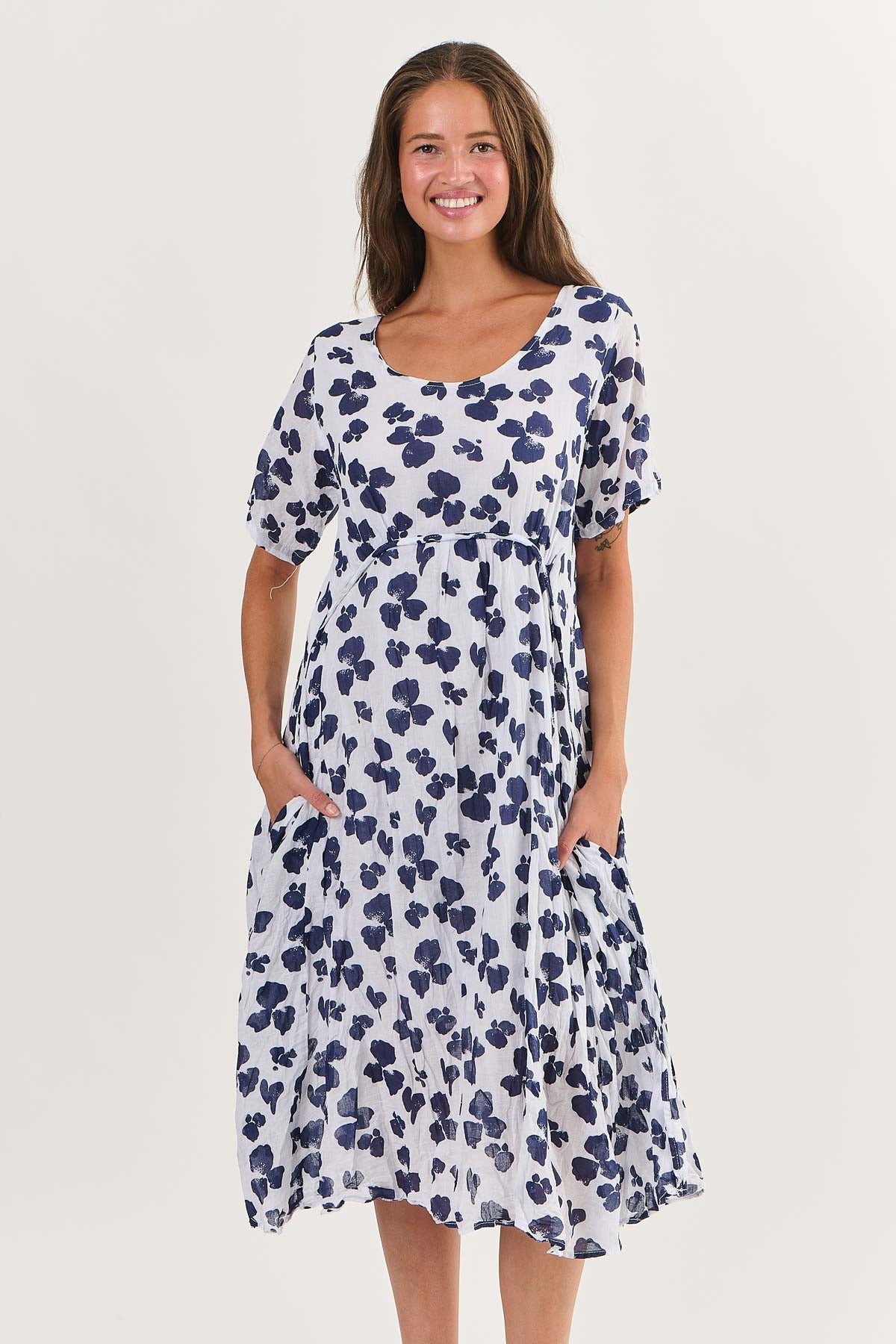 Round Neck, Short Sleeve Midi Dress with Flower Print in Blue and White by Namastai.