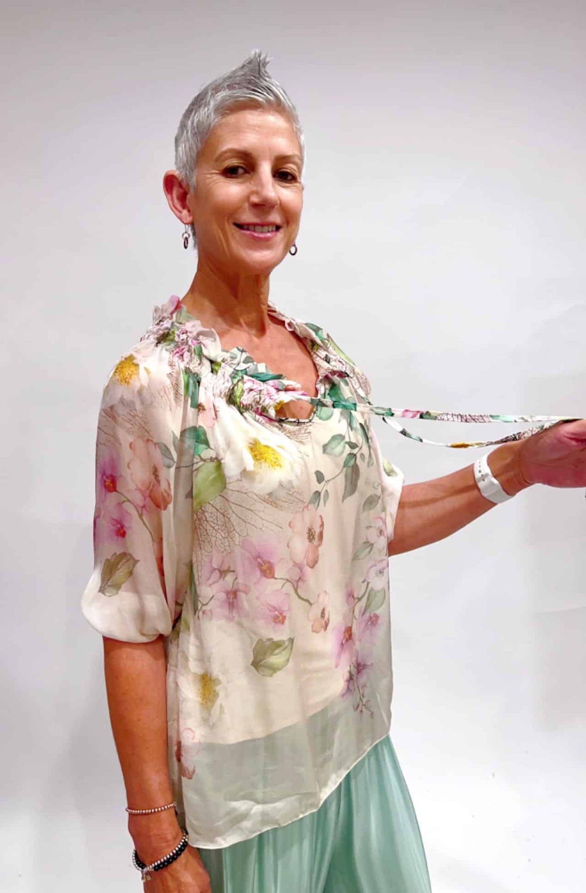 Shirred Neck Silk Floral Top