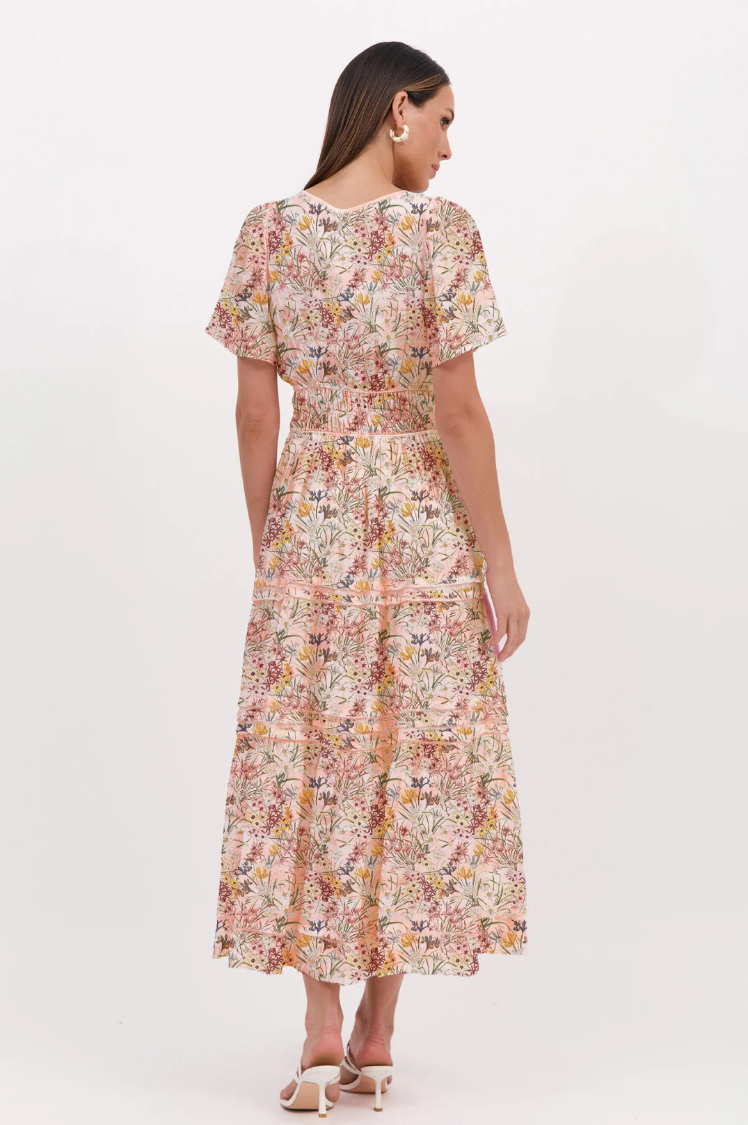 Eliana Belfast Maxi Dress in Floral Print with Cream background, short sleeves and waist gathering.