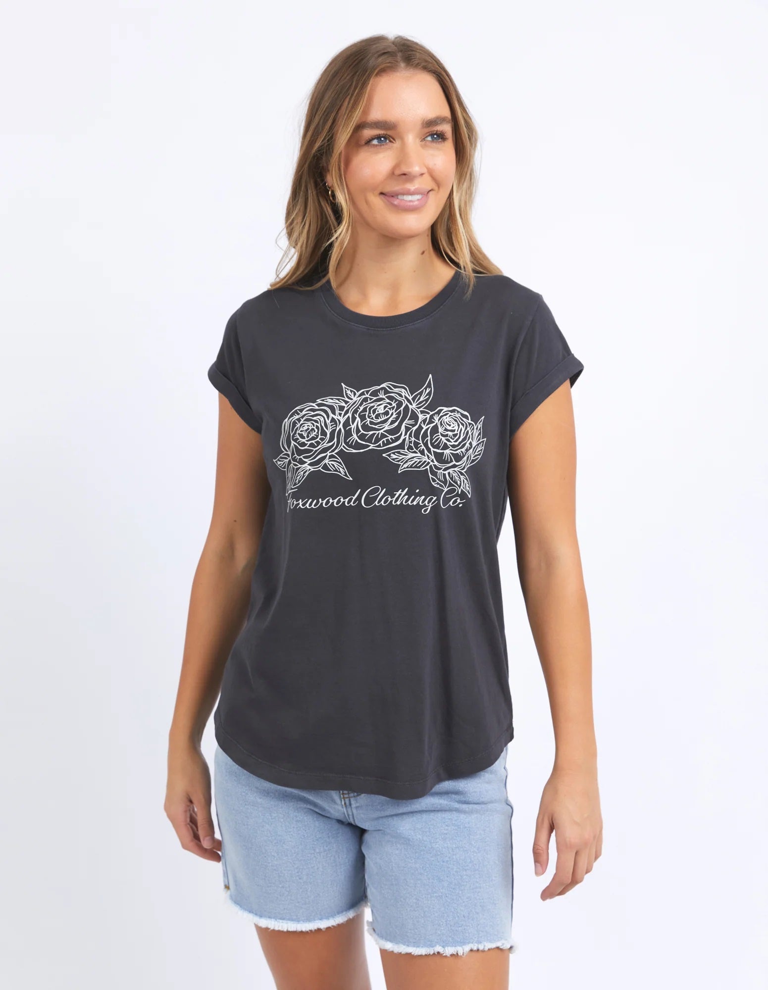 Foxwood Washed Black Eva Rose Tee with three white roses on the front.