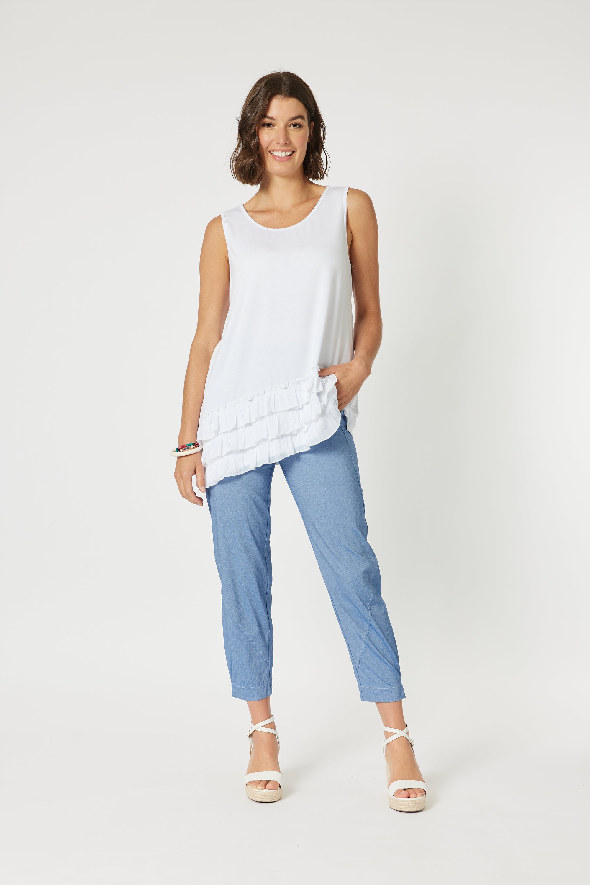 Ladies white Frilled Hem Cami Top by Clarity.