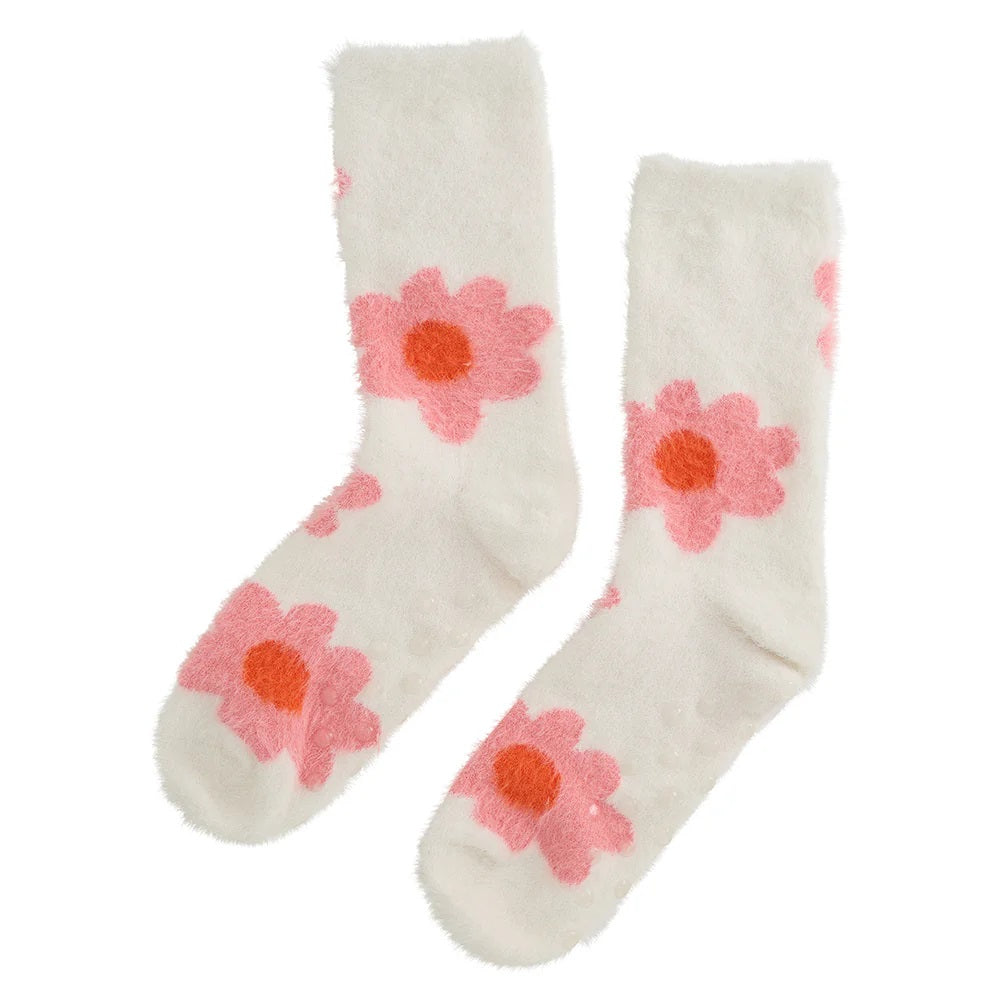 White and Pink Big Flower Fuzzy bed socks with grips on the bottom by Annabel Trends.