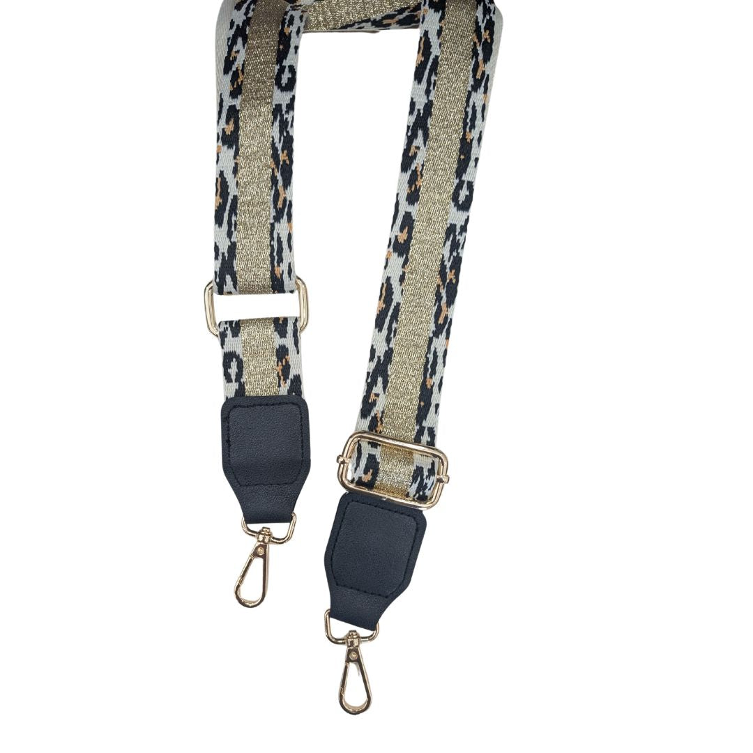 Adjustable Bag Strap with Metallic Gold Stripe with leopard Print and Gold Metal Hardware.