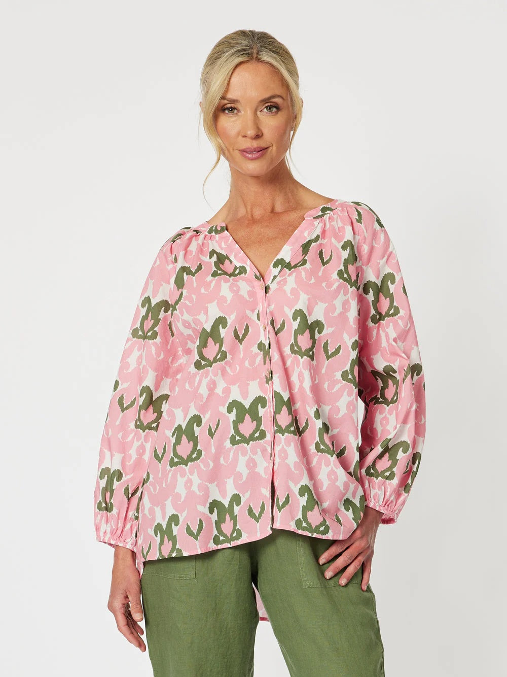 ladies women coral white and green cotton print top by gordon smith on model looking straight head 