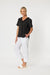 Side view of Lara Pull on Style Linen Trousers with wide leg relaxed fit from Gordon Smith.