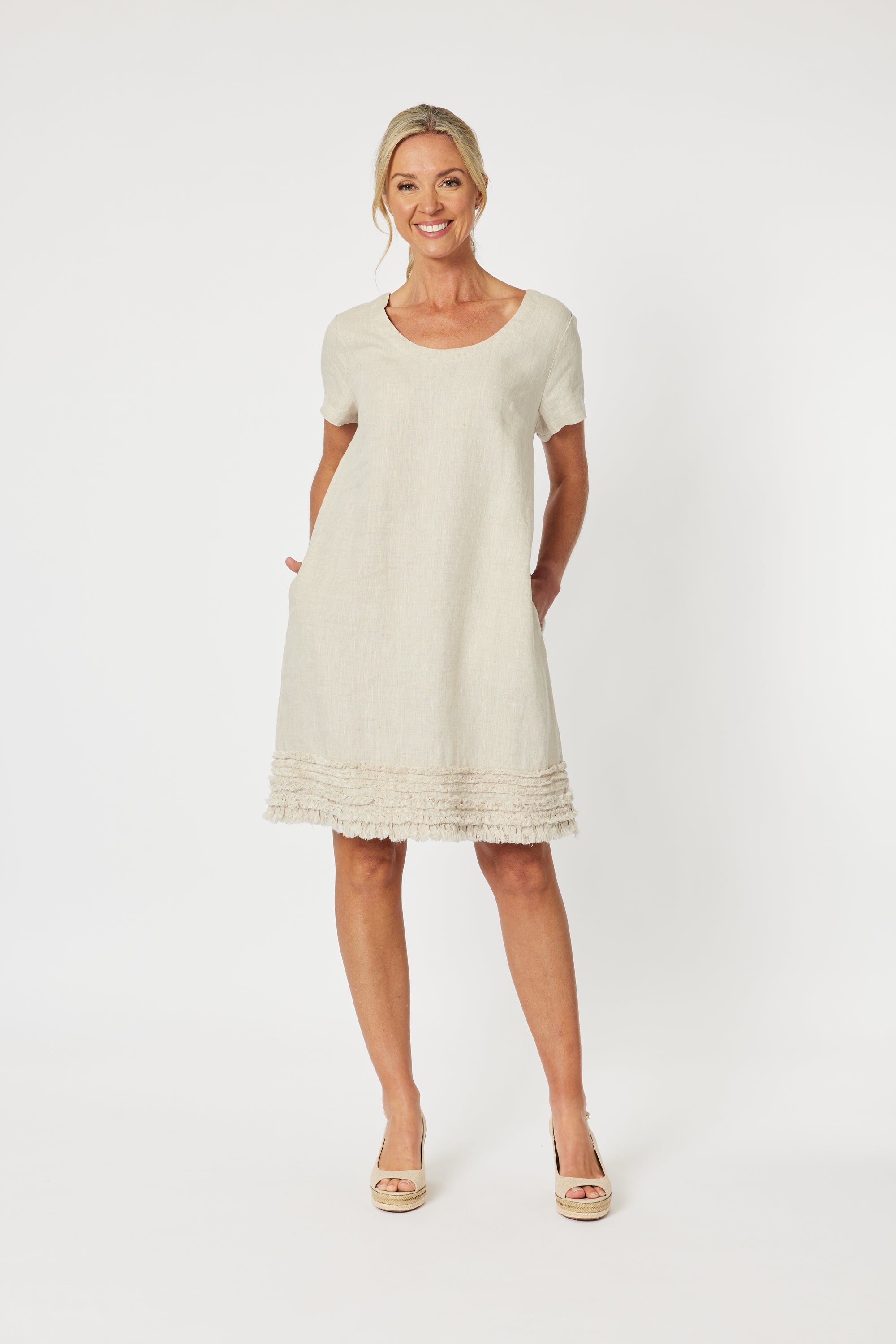 Gordon Smith natural Ruffle Hem Midi Linen Dress with short sleeves and round hem.