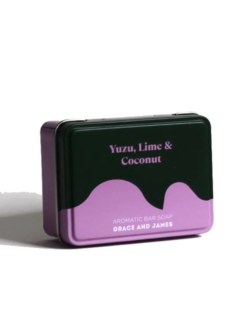 Yuzu, Lime & Coconut an Aromatic Bar of Soap in Tin by Grace & James.