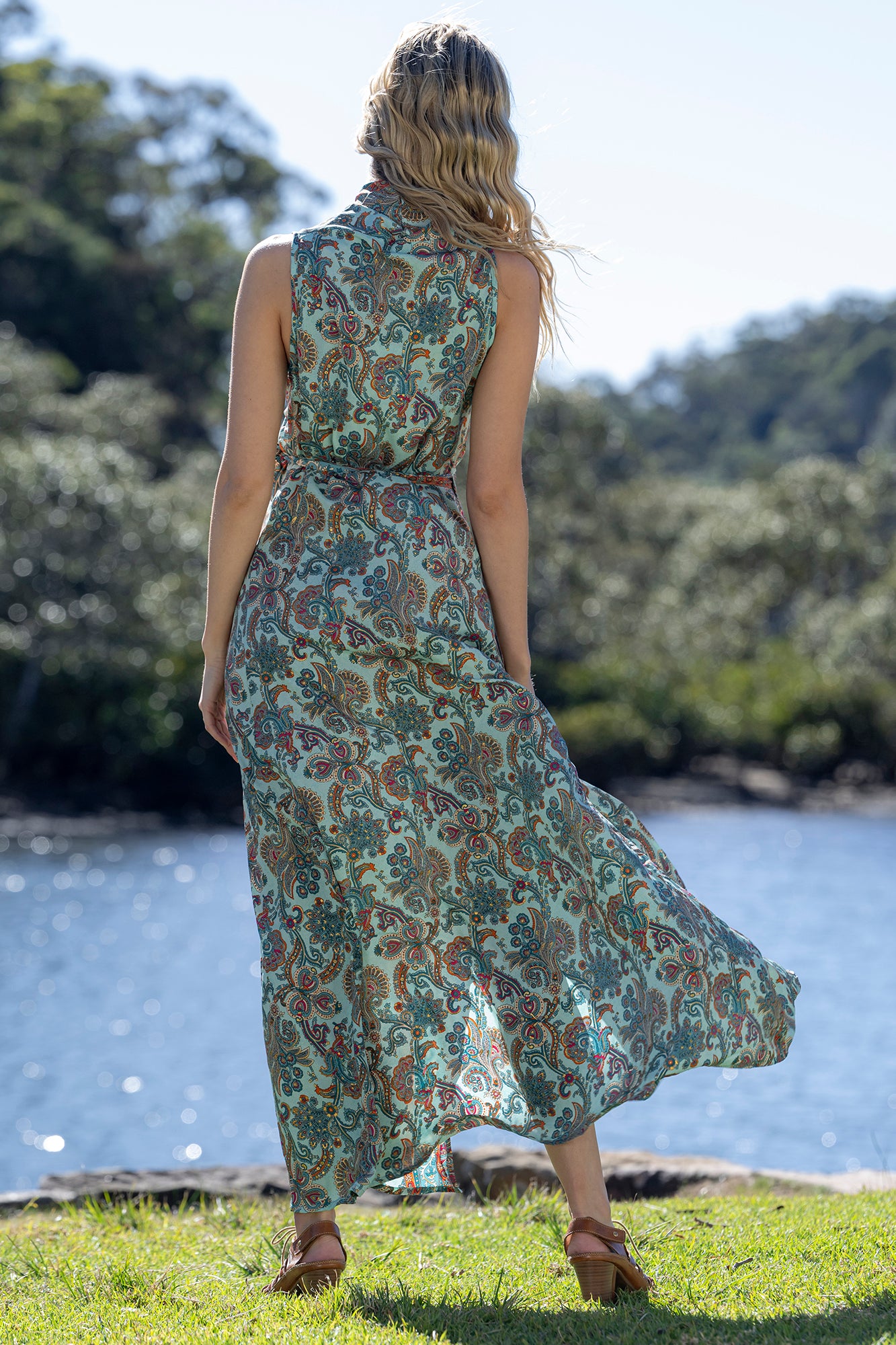 Back of the cienna syrena maxi dress (Sleeveless) in floral green red and gold.