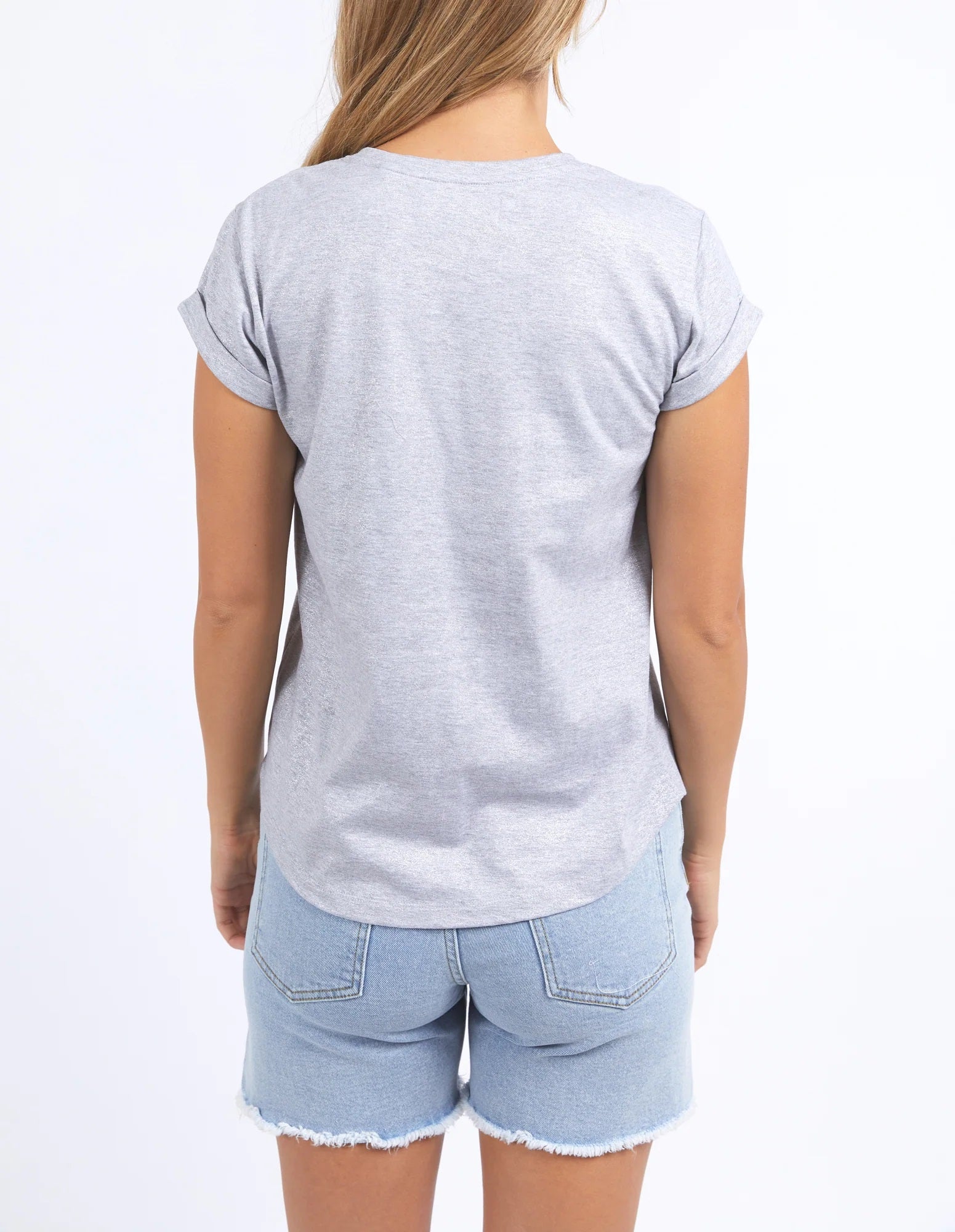 Back View of Curved hem short sleeved bodie metallic tshirt by Foxwood.