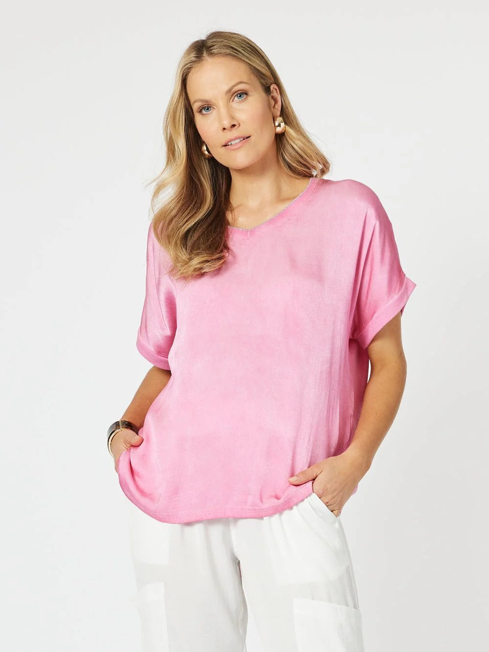 Hammock&amp;Vine Champagne V-Neck T-shirt in Paradise Pink with silver sparkle detailing. 