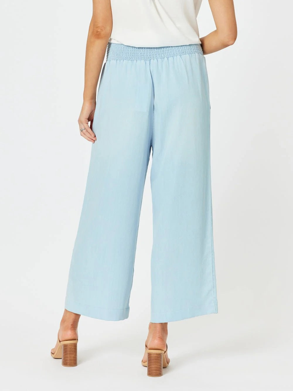 Back of harlow Blue Wide Leg Cotton Chambray Pants by Hammock & Vine.