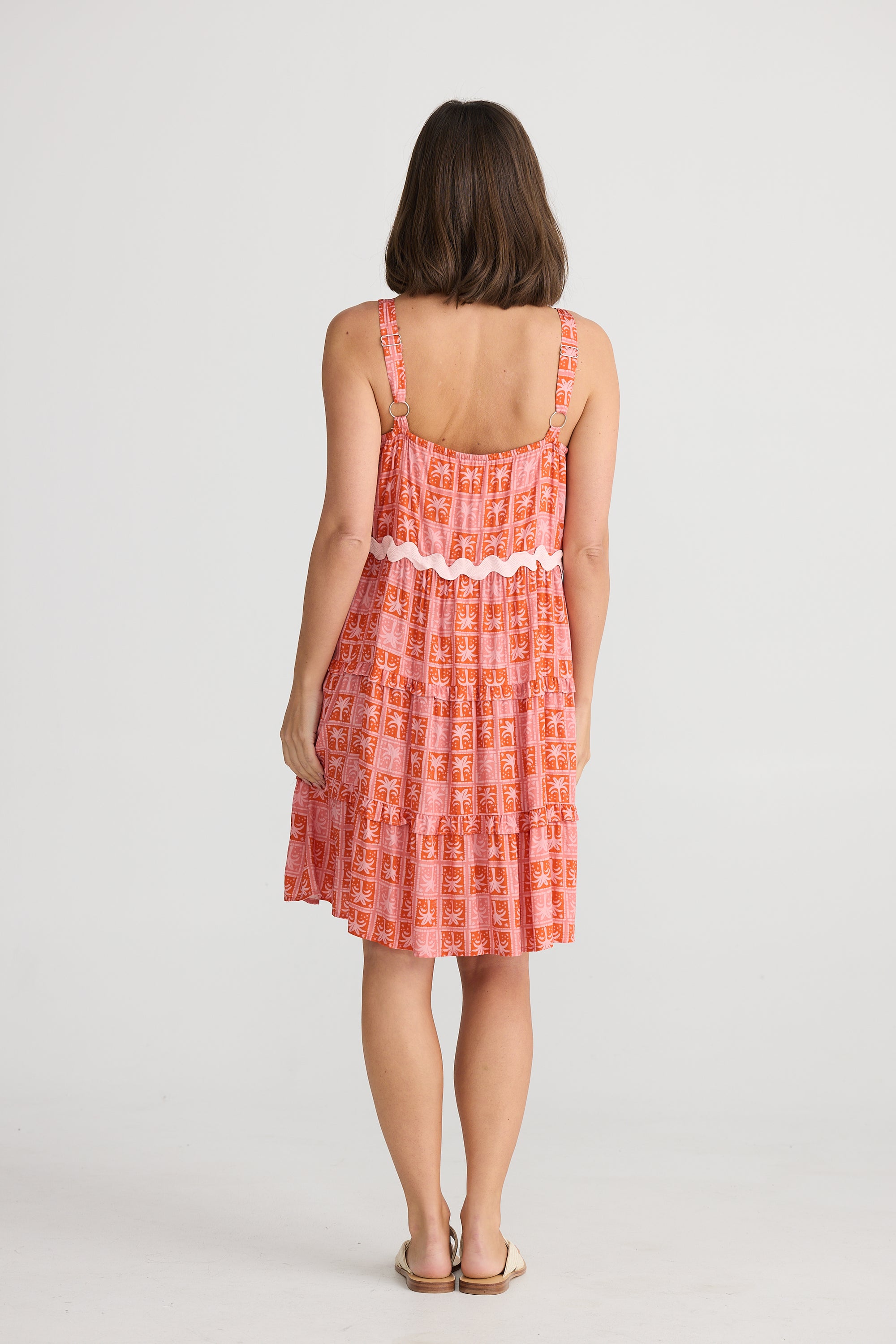 Back of Havana Strappy Midi Dress in Pink and red Disco Palm by Holiday trading. 