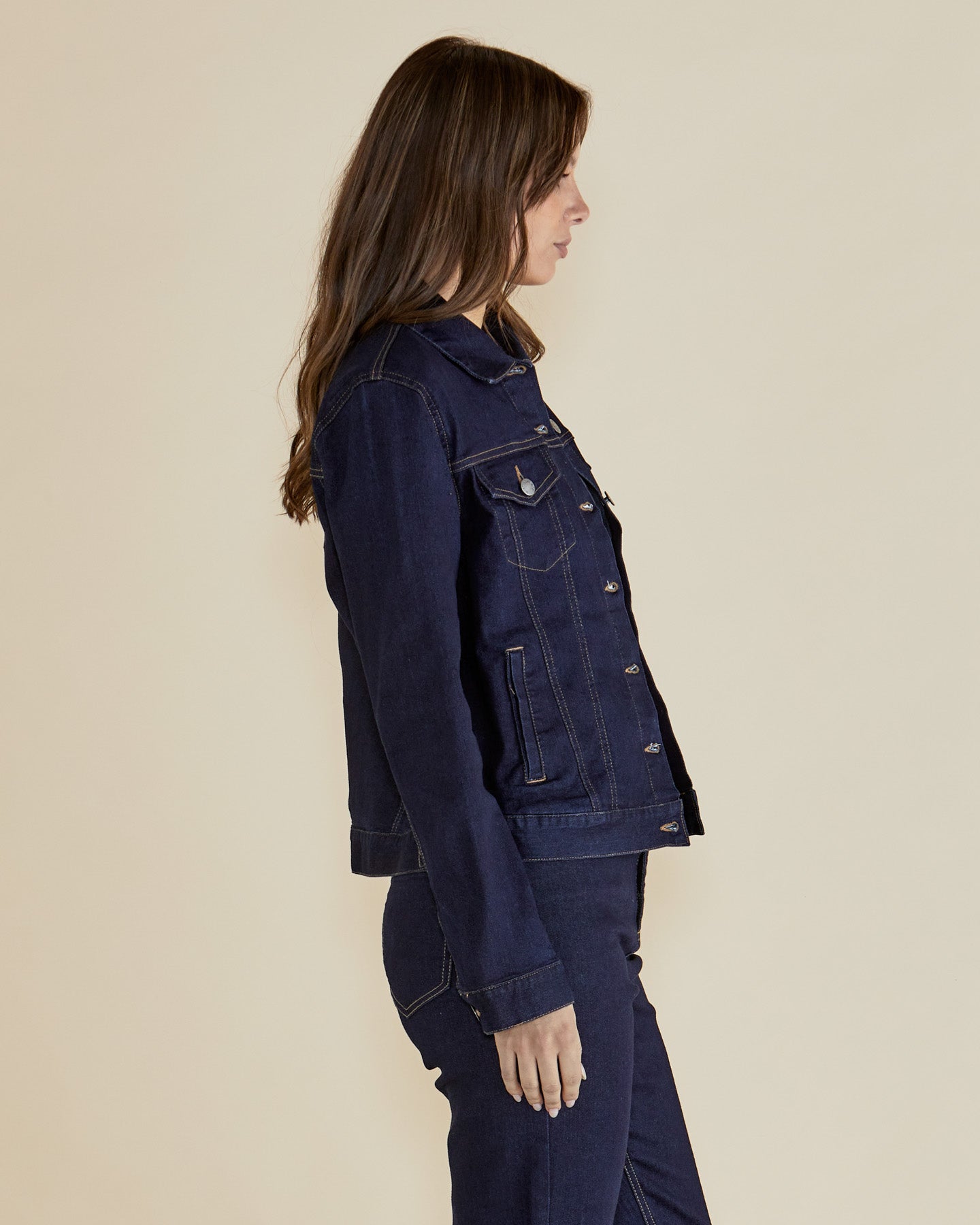 Dane Indigo Denim Jacket with pockets, button up, contrasting stitching by Betty Basics.